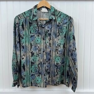 Vtg Blouse Button Up Cottagecore Whimsigoth Career Floral Striped Long Sleeve